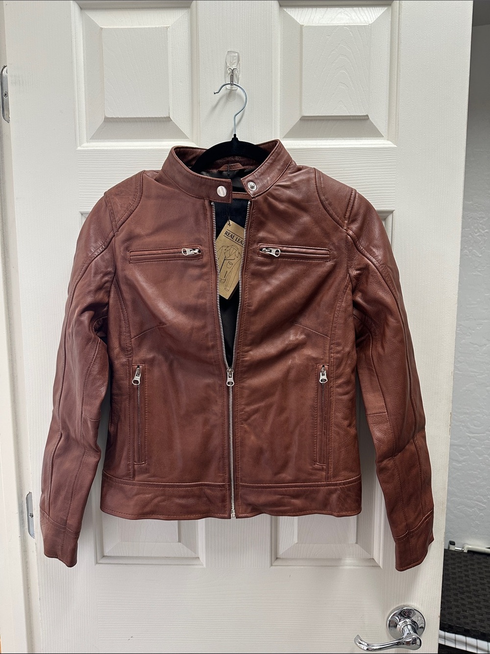 Women's Cognac Leather Moto Jacket with Zip Pockets